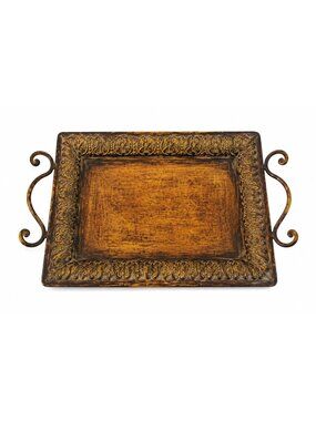 Ornate Metal Wood Serving Tray French Country Farmhouse Decor